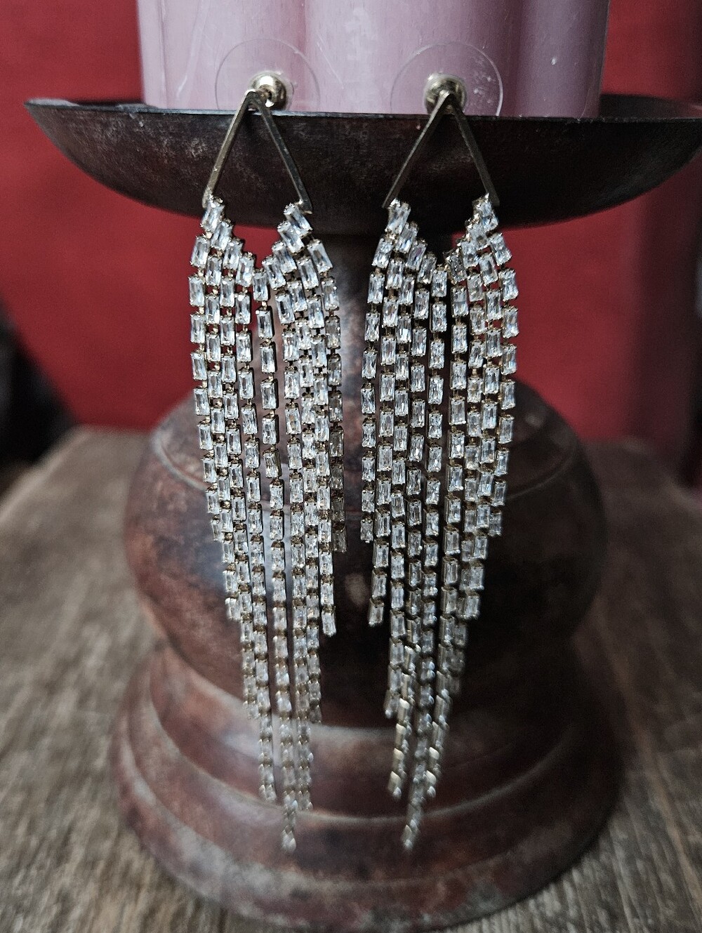 Elegant Gold-Tone Crystal Tassel Chandelier  Fringe Drop Earrings Approx 4"L